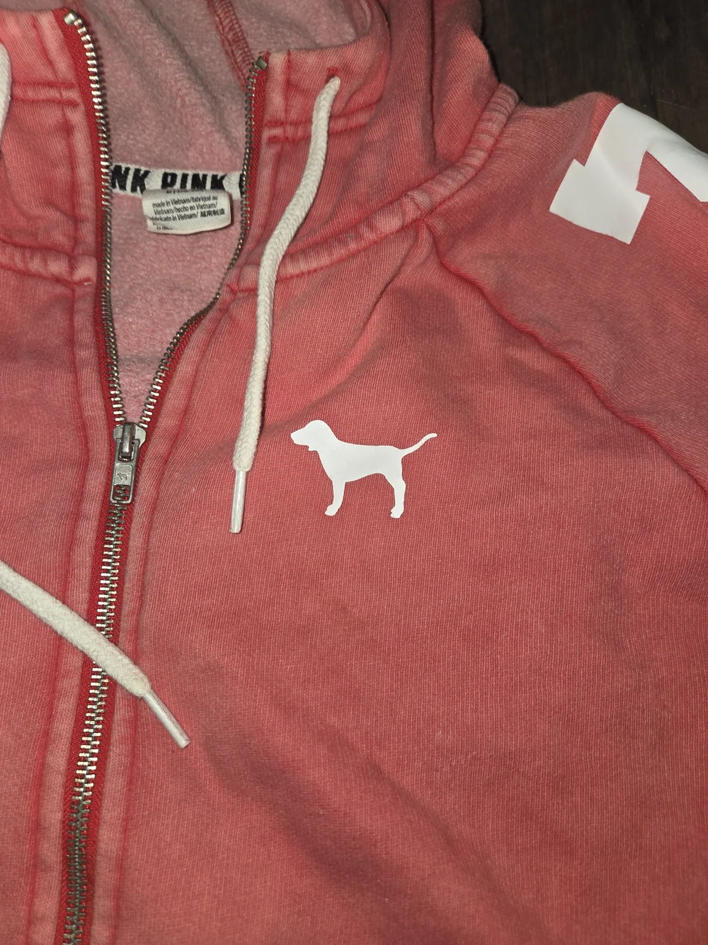 PINK Zip-Up Hoodie in Coral Pink with White Logo - Picture 3 of 8